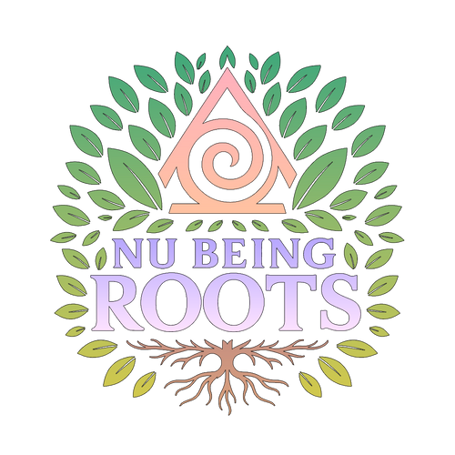 Logo with leaves and text 'Nu Being Roots' on a white background